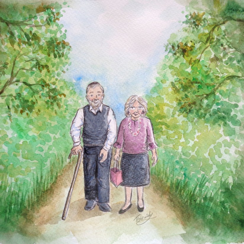 Elderly couple walking